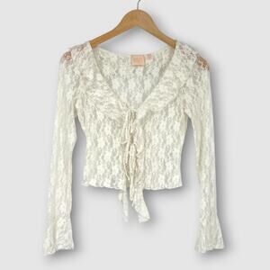 Good Luck Gem Ivory Lace Tie Front Long Sleeve Coquette Top Size Small